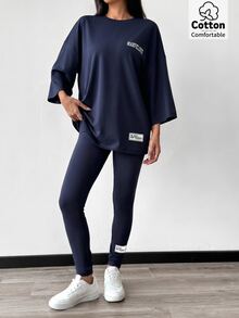 Solavon 2件組女款夏季字母印花寬鬆街頭風運動T恤與長褲休閒套裝，海軍藍，適合居家休閒、健身房、日常健身與旅行 - 藏蓝色 - 查看 6