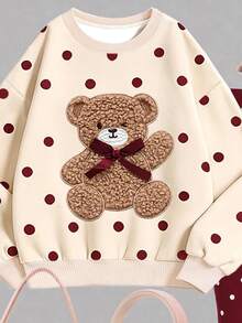 SHEIN Elladie kids 暖燕麥色、酒紅色甜美少女風蝴蝶結熊貼花波點圖案，青少年女孩休閒柔軟舒適寬鬆圓領保暖內裡衛衣與刷毛內裡內搭褲2件套，適合秋冬日常、學校、萬聖節、新季節，甜美少女風 - 彩色 - 查看 5