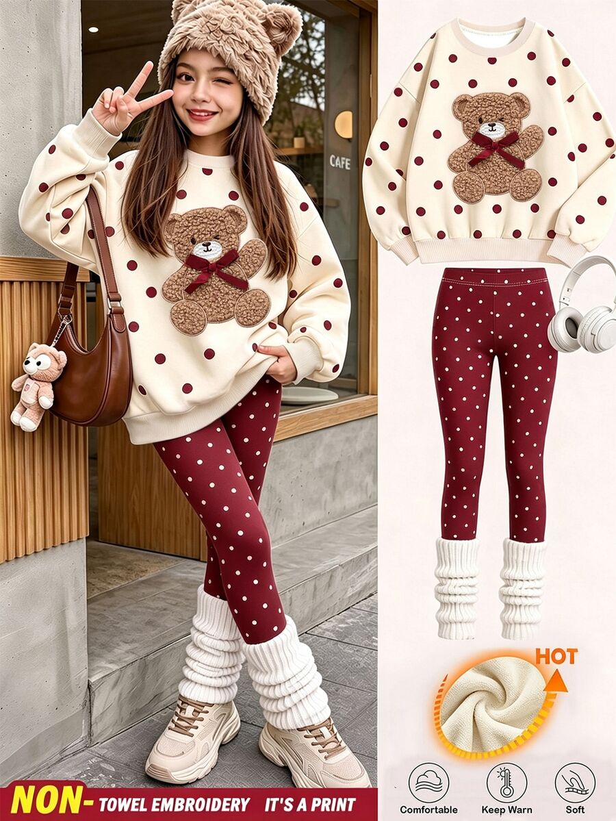 SHEIN Elladie kids 暖燕麥色、酒紅色甜美少女風蝴蝶結熊貼花波點圖案,青少年女孩休閒柔軟舒適寬鬆圓領保暖內裡衛衣與刷毛內裡內搭褲2件套,適合秋冬日常、學校、萬聖節、新季節,甜美少女風 - 彩色 - 查看 1