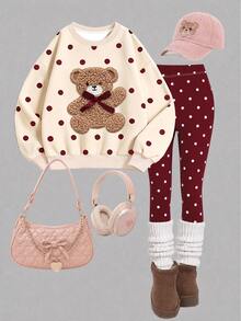 SHEIN Elladie kids 暖燕麥色、酒紅色甜美少女風蝴蝶結熊貼花波點圖案，青少年女孩休閒柔軟舒適寬鬆圓領保暖內裡衛衣與刷毛內裡內搭褲2件套，適合秋冬日常、學校、萬聖節、新季節，甜美少女風 - 彩色 - 查看 4