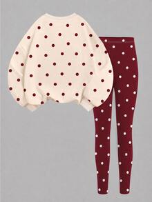 SHEIN Elladie kids 暖燕麥色、酒紅色甜美少女風蝴蝶結熊貼花波點圖案，青少年女孩休閒柔軟舒適寬鬆圓領保暖內裡衛衣與刷毛內裡內搭褲2件套，適合秋冬日常、學校、萬聖節、新季節，甜美少女風 - 彩色 - 查看 2