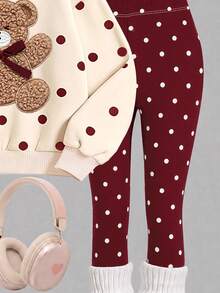 SHEIN Elladie kids 暖燕麥色、酒紅色甜美少女風蝴蝶結熊貼花波點圖案，青少年女孩休閒柔軟舒適寬鬆圓領保暖內裡衛衣與刷毛內裡內搭褲2件套，適合秋冬日常、學校、萬聖節、新季節，甜美少女風 - 彩色 - 查看 3