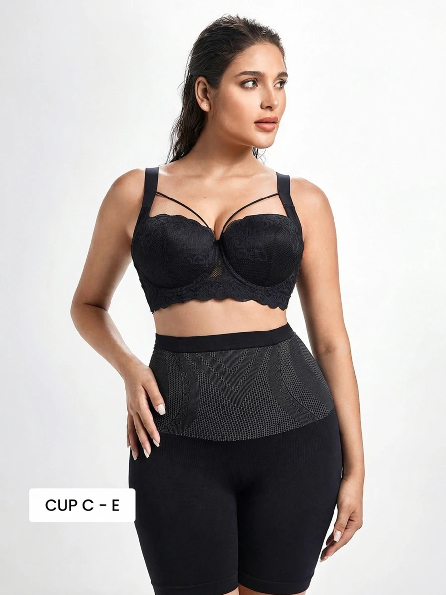 MIMILEMON Plus Size Comfortable Lace Underwire Bra - Wide Straps, Lift, Side Support, Full Coverage Design - Black - View 1