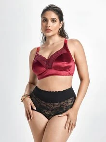 Slumbrini Plus Size Women Non-Wired Lace Patchwork Wireless Bra, Breathable Non-Slip, High Support, Adjustable Straps, Seamless, Suitable For Daily Wear - Burgundy - View 3