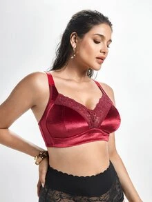 Slumbrini Plus Size Women Non-Wired Lace Patchwork Wireless Bra, Breathable Non-Slip, High Support, Adjustable Straps, Seamless, Suitable For Daily Wear - Burgundy - View 6