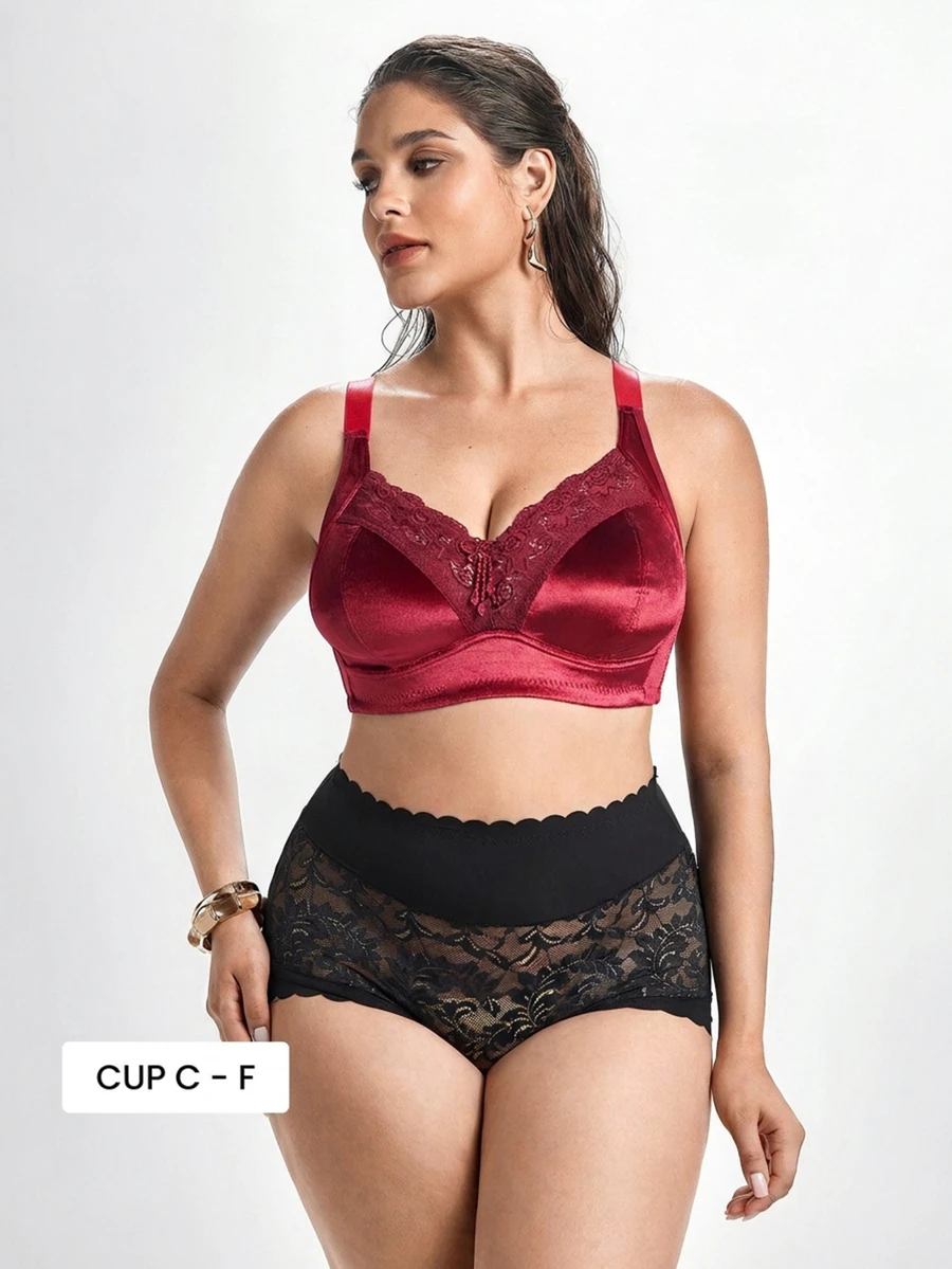 Slumbrini Plus Size Women Non-Wired Lace Patchwork Wireless Bra, Breathable Non-Slip, High Support, Adjustable Straps, Seamless, Suitable For Daily Wear - Burgundy - View 1