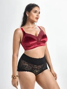 Slumbrini Plus Size Women Non-Wired Lace Patchwork Wireless Bra, Breathable Non-Slip, High Support, Adjustable Straps, Seamless, Suitable For Daily Wear - Burgundy - View 5