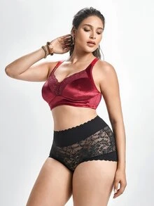 Slumbrini Plus Size Women Non-Wired Lace Patchwork Wireless Bra, Breathable Non-Slip, High Support, Adjustable Straps, Seamless, Suitable For Daily Wear - Burgundy - View 4