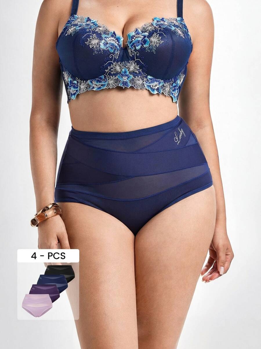 Slumbrini 4pcs Plus Size Women Soft Triangle Panties With Criss Cross Net Mesh Insert