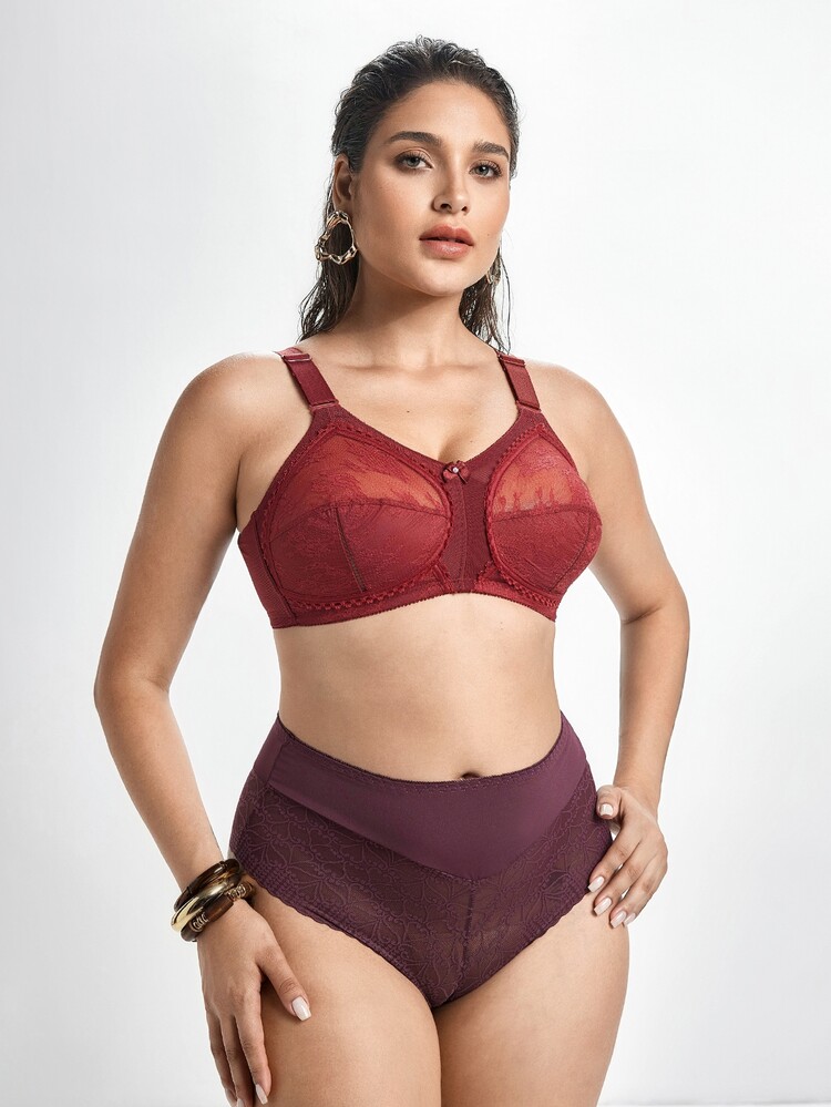 Slumbrini Plus Size Women Lace Wireless Breathable Seamless Bra, Lightweight & Full Coverage - Red - View 8