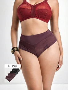 Slumbrini 4pcs/Pack Plus Size Women Lace Trim Mesh Splice Soft Comfortable Sexy Thong Panties - Multicolor - View 2
