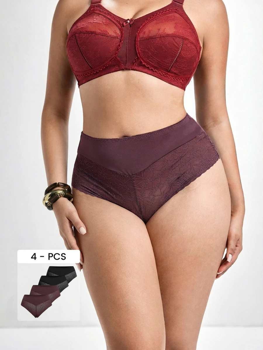 Slumbrini 4pcs/Pack Plus Size Women Lace Trim Mesh Splice Soft Comfortable Sexy Thong Panties