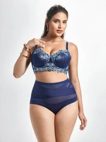 Slumbrini Plus Size Women Navy Blue Floral Embroidery Supportive Bra - Comfortable Loose Hem Support - Blue - View 3