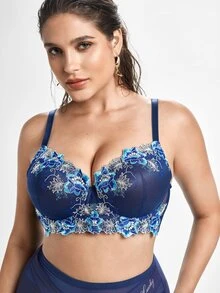 Slumbrini Plus Size Women Navy Blue Floral Embroidery Supportive Bra - Comfortable Loose Hem Support - Blue - View 8