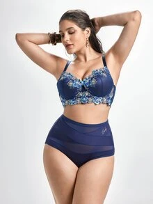 Slumbrini Plus Size Women Navy Blue Floral Embroidery Supportive Bra - Comfortable Loose Hem Support - Blue - View 4