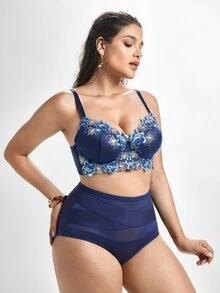 Slumbrini Plus Size Women Navy Blue Floral Embroidery Supportive Bra - Comfortable Loose Hem Support - Blue - View 6