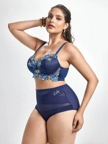 Slumbrini Plus Size Women Navy Blue Floral Embroidery Supportive Bra - Comfortable Loose Hem Support - Blue - View 5