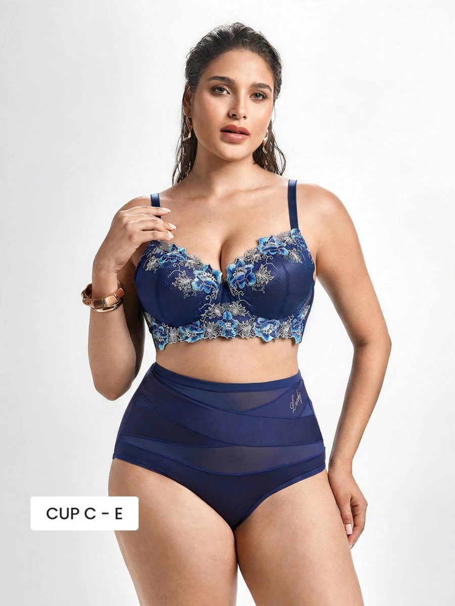 Slumbrini Plus Size Women Navy Blue Floral Embroidery Supportive Bra - Comfortable Loose Hem Support - Blue - View 1