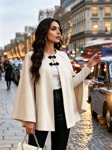 SHEIN Jubah Wanita Warna Polos dengan Belahan di Bagian Bawah dan Kancing Kodok, Campuran Wol Kasual Elegan, Musim Gugur/Dingin - Aprikot - View 7