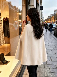 SHEIN Jubah Wanita Warna Polos dengan Belahan di Bagian Bawah dan Kancing Kodok, Campuran Wol Kasual Elegan, Musim Gugur/Dingin - Aprikot - View 2