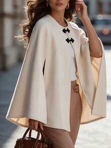 SHEIN Jubah Wanita Warna Polos dengan Belahan di Bagian Bawah dan Kancing Kodok, Campuran Wol Kasual Elegan, Musim Gugur/Dingin - Aprikot - View 5