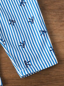 SHEIN Playful Pals BABY GIRLS Cute Vertical Stripe All Over Bow Print Front Pocket Casual Overalls Jumpsuit Single Piece - Blue - View 6