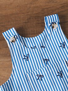 SHEIN Playful Pals BABY GIRLS Cute Vertical Stripe All Over Bow Print Front Pocket Casual Overalls Jumpsuit Single Piece - Blue - View 7