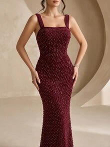 Coutiva Elegant Sequined (Heavy-Weave) Square Neckline, Backless Design With Pearl Details, And Mermaid-Styl - Burgundy - View 7