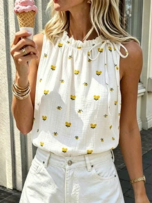 SHEIN PariChic ملابس علوية نسائية بدون أكمام بطبعة زهور ربيعية/صيفية وياقة واقفة برباط، أبيض وأصفر، ستايل كوتج كور بوهيمي منعش وعصري للعطلات - أبيض - مشاهدة 8