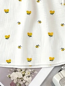 SHEIN PariChic ملابس علوية نسائية بدون أكمام بطبعة زهور ربيعية/صيفية وياقة واقفة برباط، أبيض وأصفر، ستايل كوتج كور بوهيمي منعش وعصري للعطلات - أبيض - مشاهدة 5