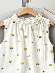 SHEIN PariChic ملابس علوية نسائية بدون أكمام بطبعة زهور ربيعية/صيفية وياقة واقفة برباط، أبيض وأصفر، ستايل كوتج كور بوهيمي منعش وعصري للعطلات - أبيض - مشاهدة 6