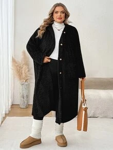 SHEIN CURVE+ 大尺碼純黑色毛絨連帽長版大衣 冬季夜店居家休閒寬鬆款 - 黑色 - 查看 4