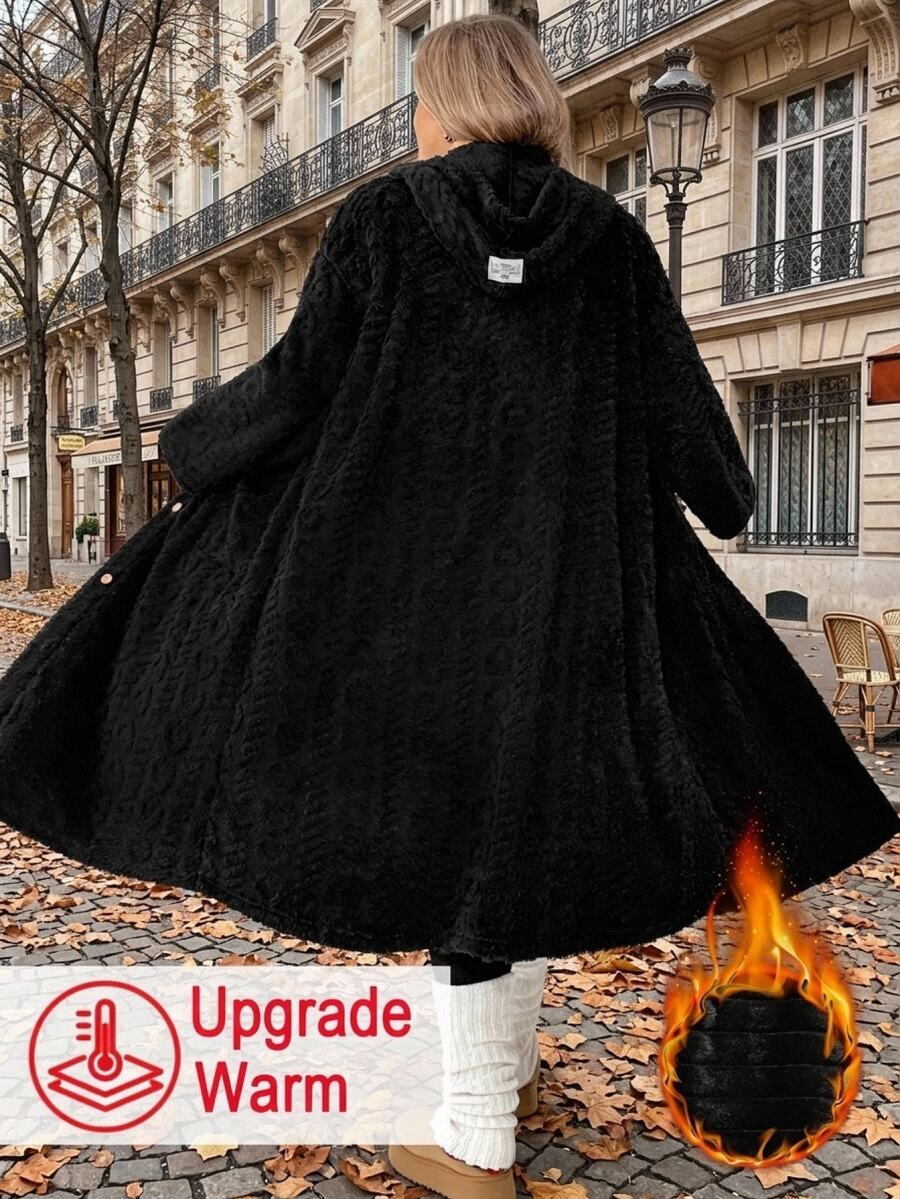 SHEIN CURVE+ 大尺碼純黑色毛絨連帽長版大衣 冬季夜店居家休閒寬鬆款 - 黑色 - 查看 1