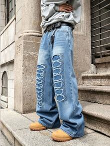 Manfinity EMRG European American Street Style Grunge Couple Matching Distressed Denim Jeans Date Night Beach Aqua Blue Summer - Blue - View 8