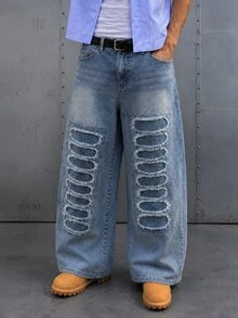 Manfinity EMRG European American Street Style Grunge Couple Matching Distressed Denim Jeans Date Night Beach Aqua Blue Summer - Blue - View 1