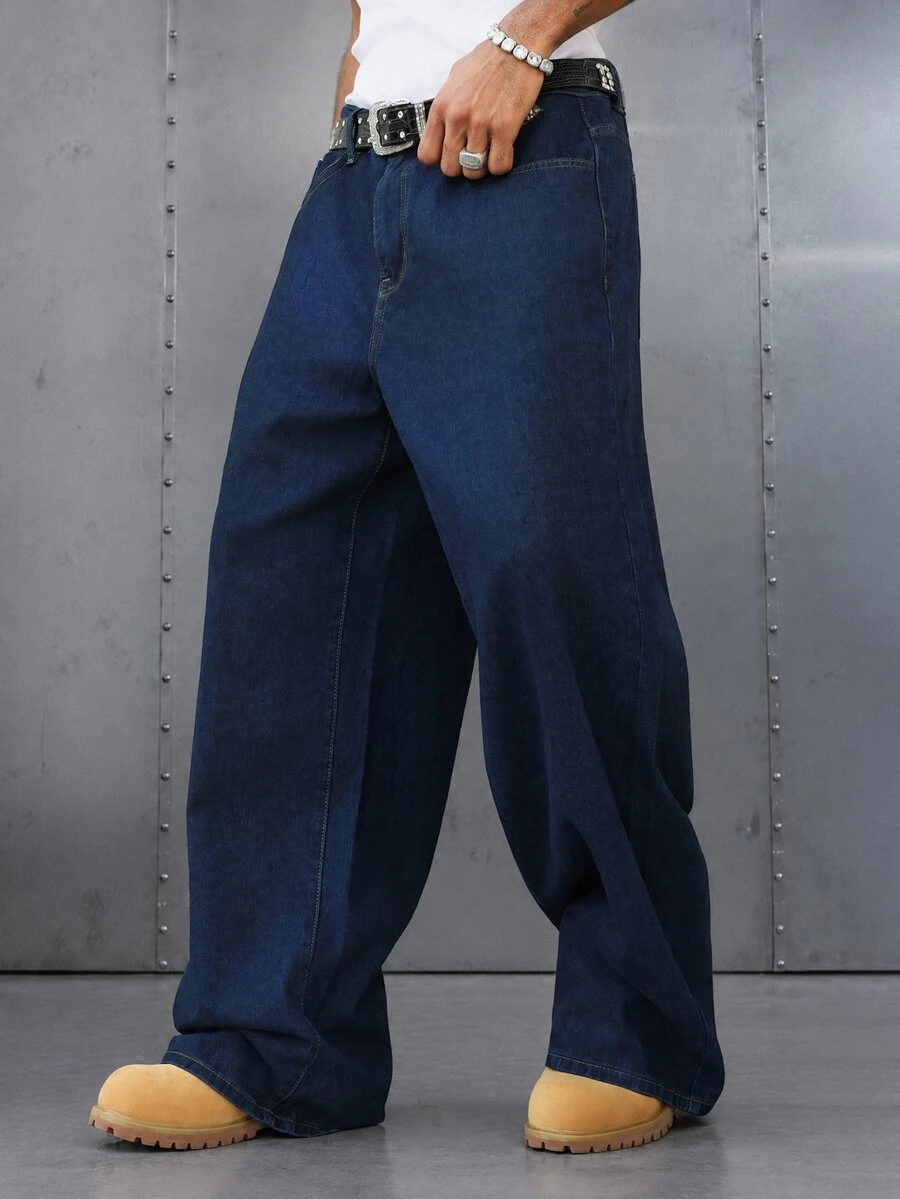 Manfinity EMRG American Vintage Washed Blue Embroidered Back Pocket Jeans - Blue - View 1