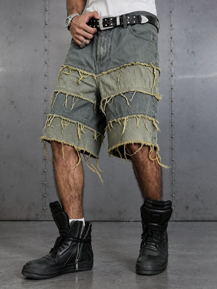 Manfinity EMRG Unisex American Style Distressed Hem Wide Leg Denim Shorts - Multicolor - View 1