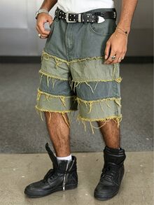 Manfinity EMRG Unisex American Style Distressed Hem Wide Leg Denim Shorts - Multicolor - View 6