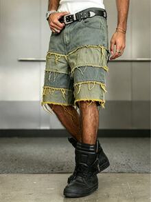 Manfinity EMRG Unisex American Style Distressed Hem Wide Leg Denim Shorts - Multicolor - View 4