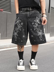 Manfinity EMRG Men's Casual Street Style Printed Black Denim Shorts - Black - View 7
