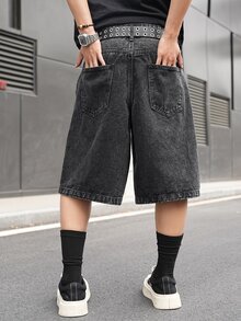 Manfinity EMRG Men's Casual Street Style Printed Black Denim Shorts - Black - View 2