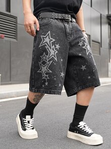 Manfinity EMRG Men's Casual Street Style Printed Black Denim Shorts - Black - View 3