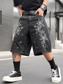 Manfinity EMRG Men's Casual Street Style Printed Black Denim Shorts - Black - View 5