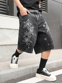 Manfinity EMRG Men's Casual Street Style Printed Black Denim Shorts - Black - View 8