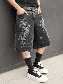 Manfinity EMRG Men's Casual Street Style Printed Black Denim Shorts - Black - View 4