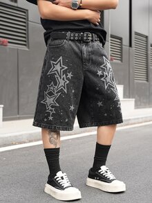 Manfinity EMRG Men's Casual Street Style Printed Black Denim Shorts - Black - View 9