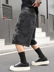 Manfinity EMRG Men's Casual Street Style Printed Black Denim Shorts - Black - View 6