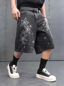 Manfinity EMRG Men's Casual Street Style Printed Black Denim Shorts - Black - View 1
