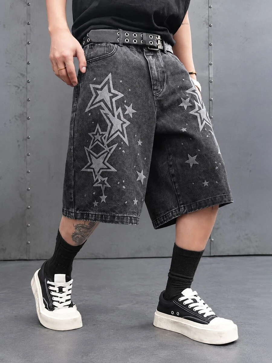 Manfinity EMRG Men's Casual Street Style Printed Black Denim Shorts - Black - View 1