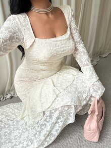 GalTyme Plus Size Women's Lace Ruched Elegant Waist-Cinched Party Dress - Apricot - View 7